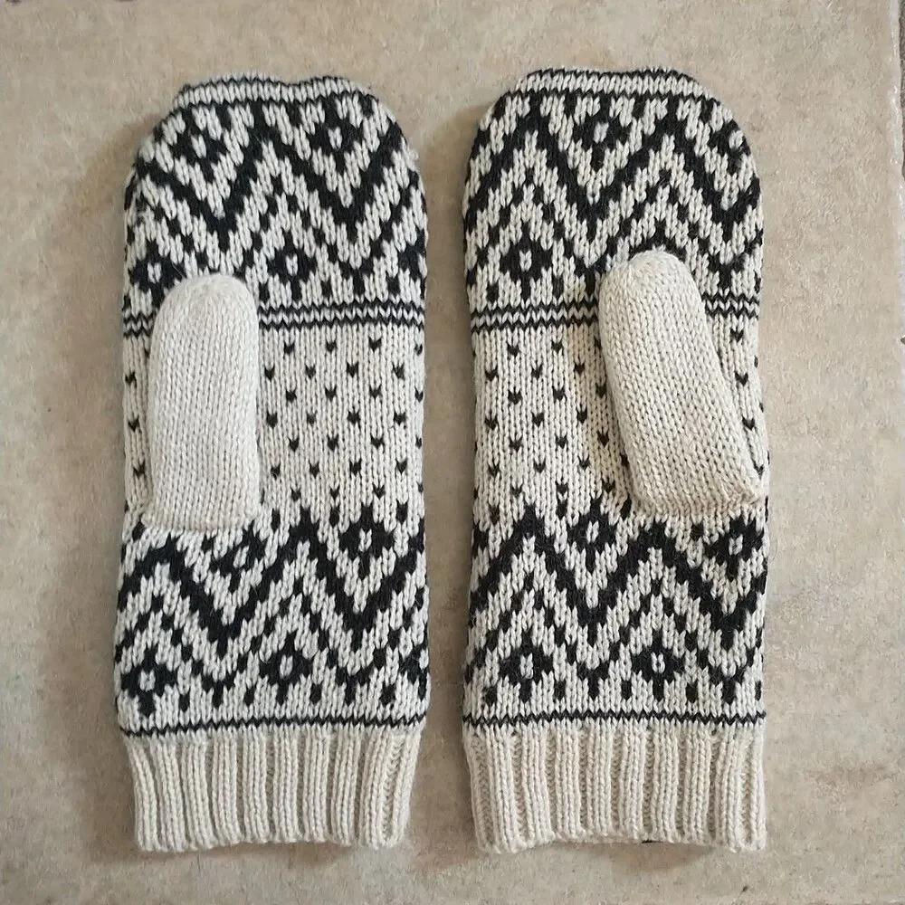 Icewear Iceland Gloves Mitten Womens S White Black Geometric 100%Wool Knit Lined